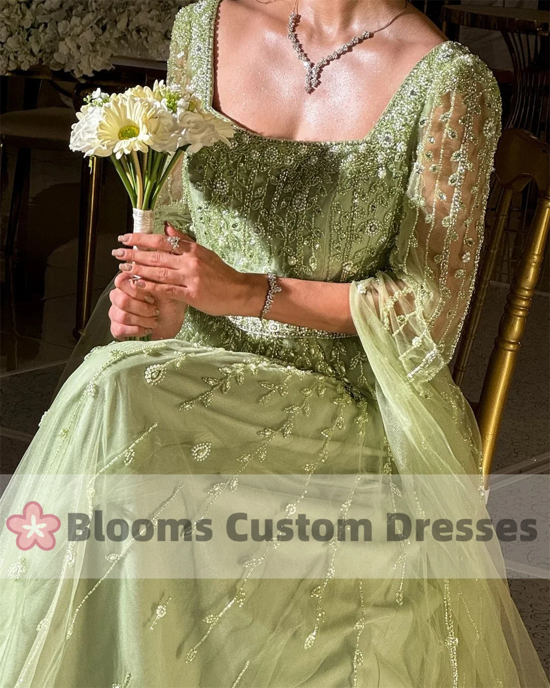 Blooms Customized Light Green Tulle Prom Dress Beadings Luxury Evening Dress 2024 Long Split Sleeves A-line Wedding Party