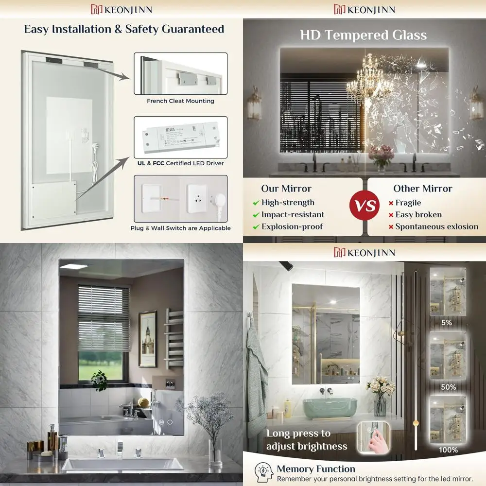 

20 x 28 LED Illuminated Mirror, Anti-Fog Glass, Waterproof, High Definition, Step-Dimmable, UL Certified