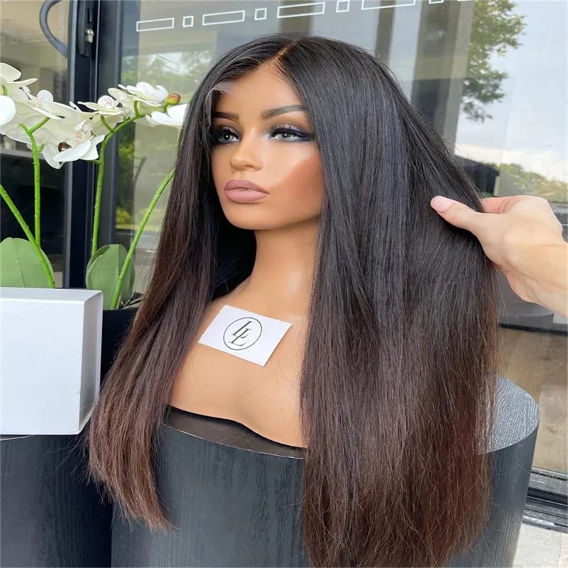 Ombre Brown Glueless 5x5 Silk Base 26“ Straight Jewish Human Hair Wig With Baby Hair HD Lace European Hair Preplucked