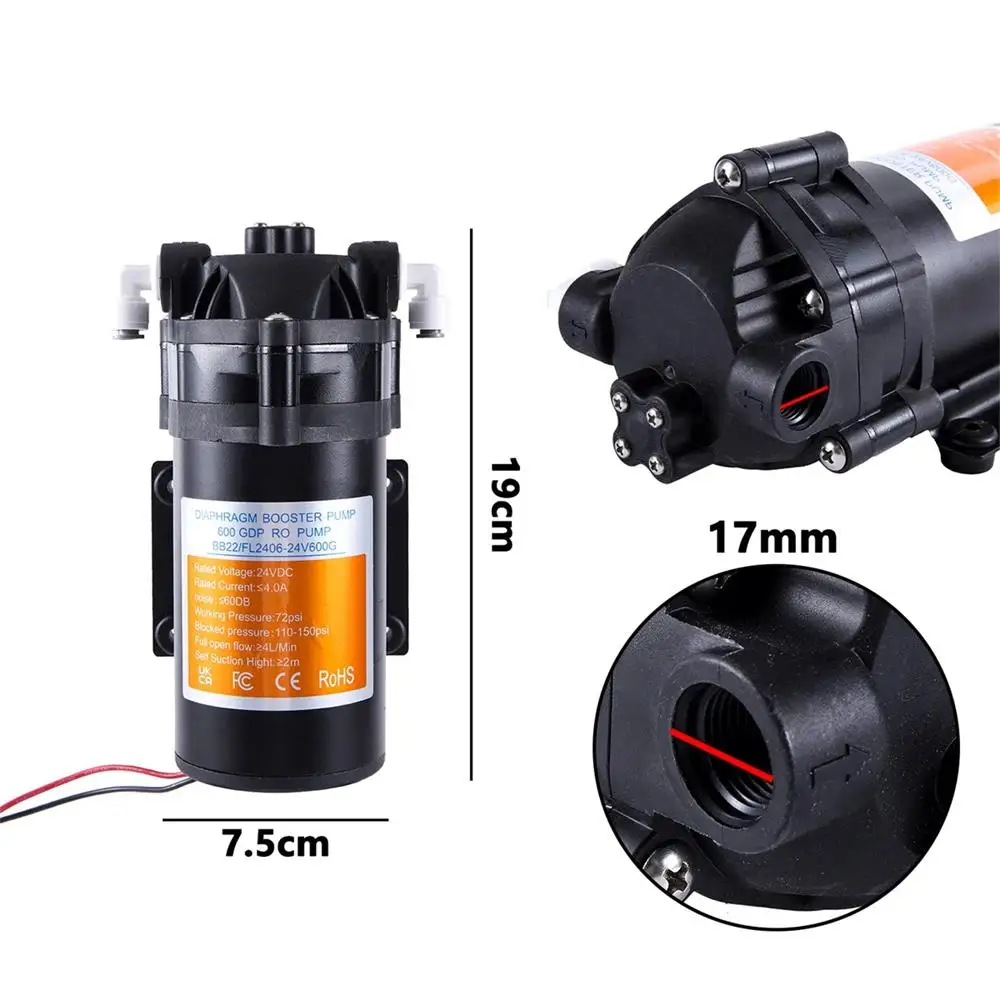 24VDC Diaphragm Booster Pump Low Noise Water Pump For Misting System RO Water Purifying Reverse Osmosis 2m Self Suction Height