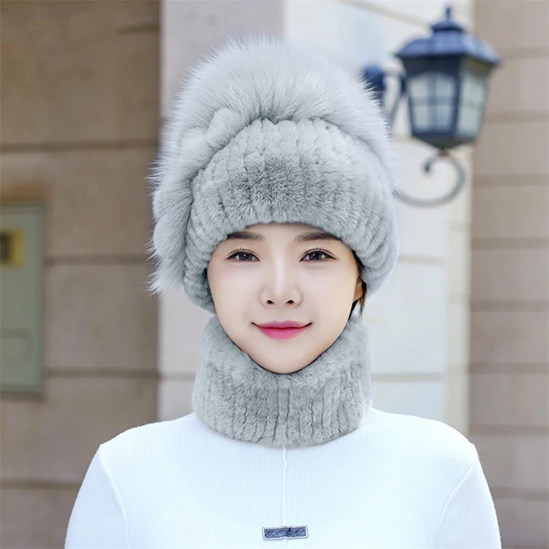 

New Women's Fur Hat Winter Natural Rex Rabbit Hair Cold Resistant Warm Hat Luxury Thickened Fashion Soft Hat Scarf Two Piece Set