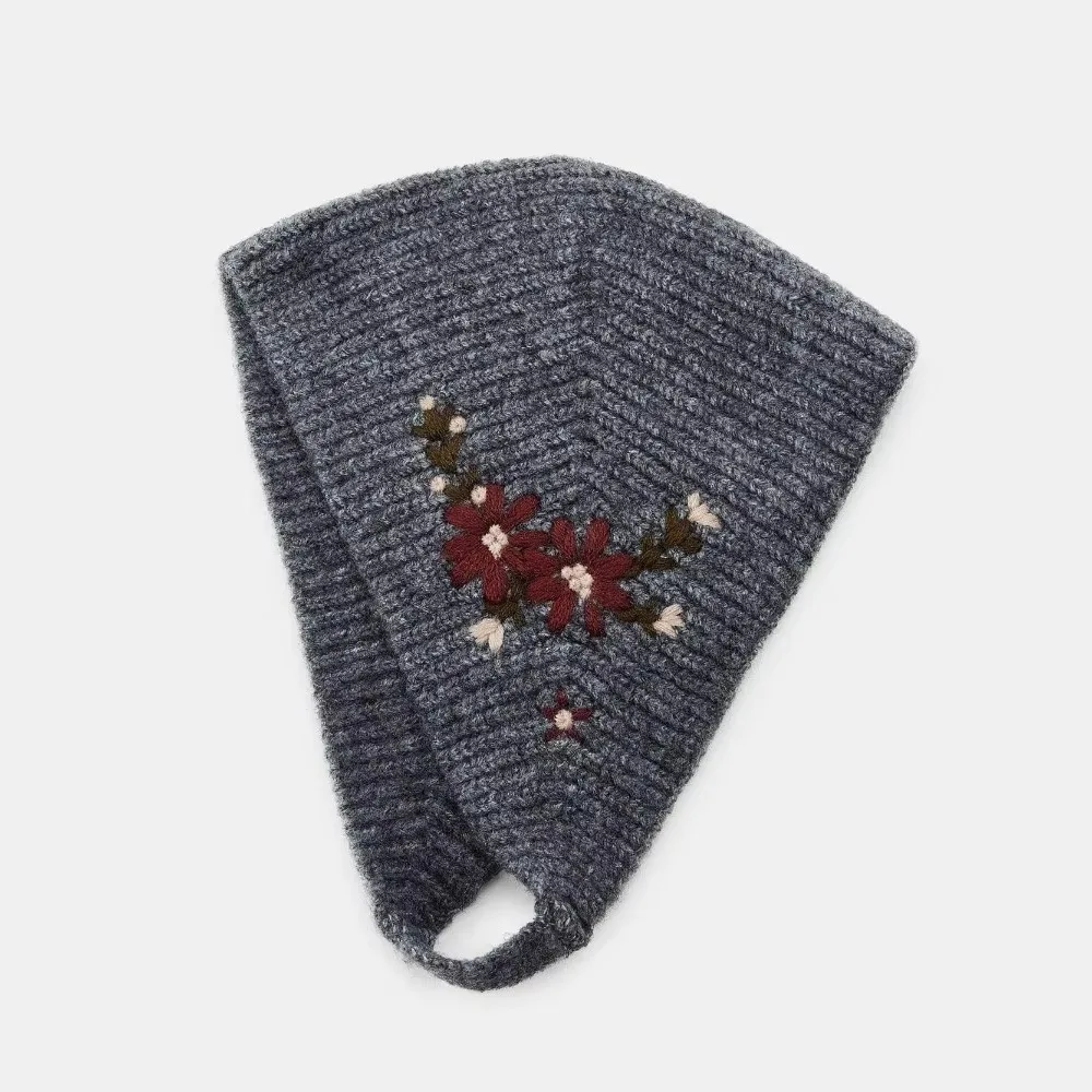 Wool Headscarf Floral Flower Embroidery Knitted Hat Warm Retro Round Top Cap Ear Protectors Beanies Hairband Outdoor