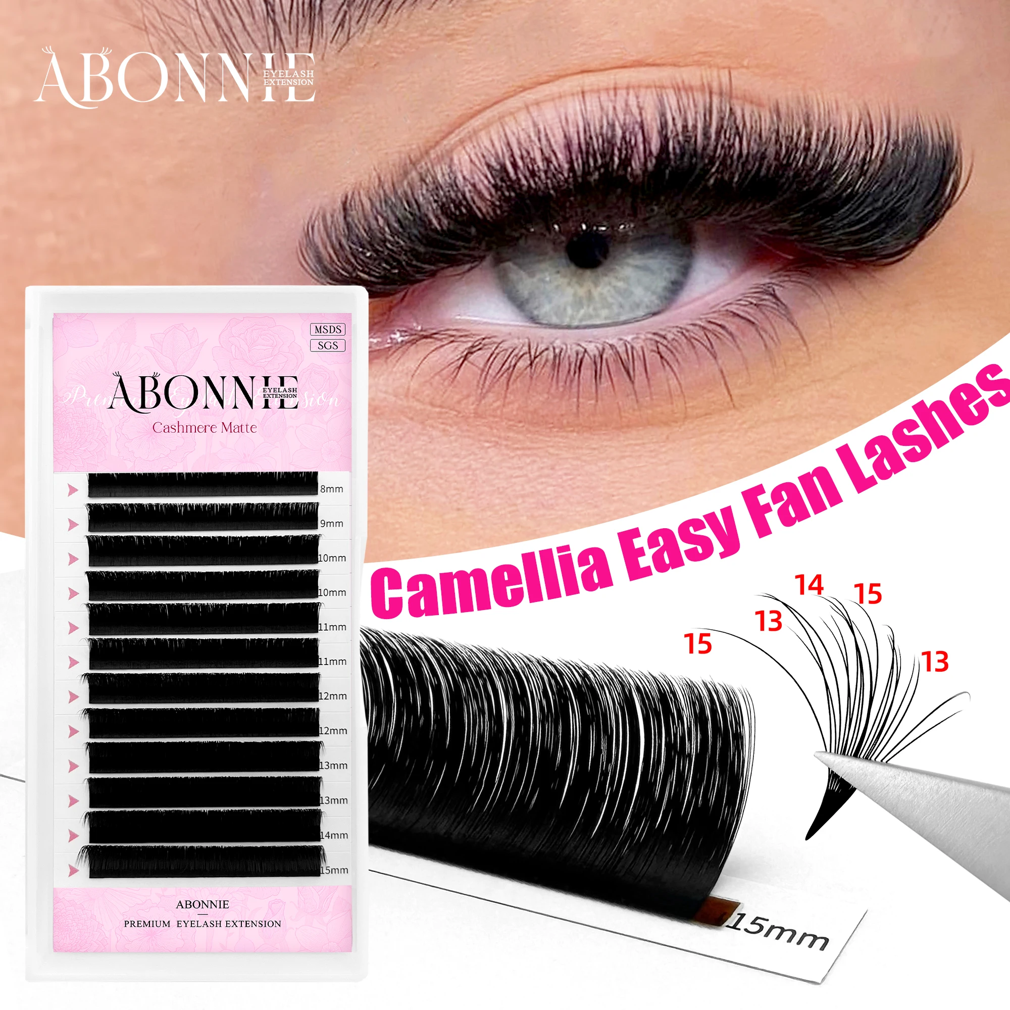 Abonnie Cashmere Camellia Easy Fan Eyelashes Extensions Matte Blooming Automatic Flower Eyelash Mega Volume Lashes Extension