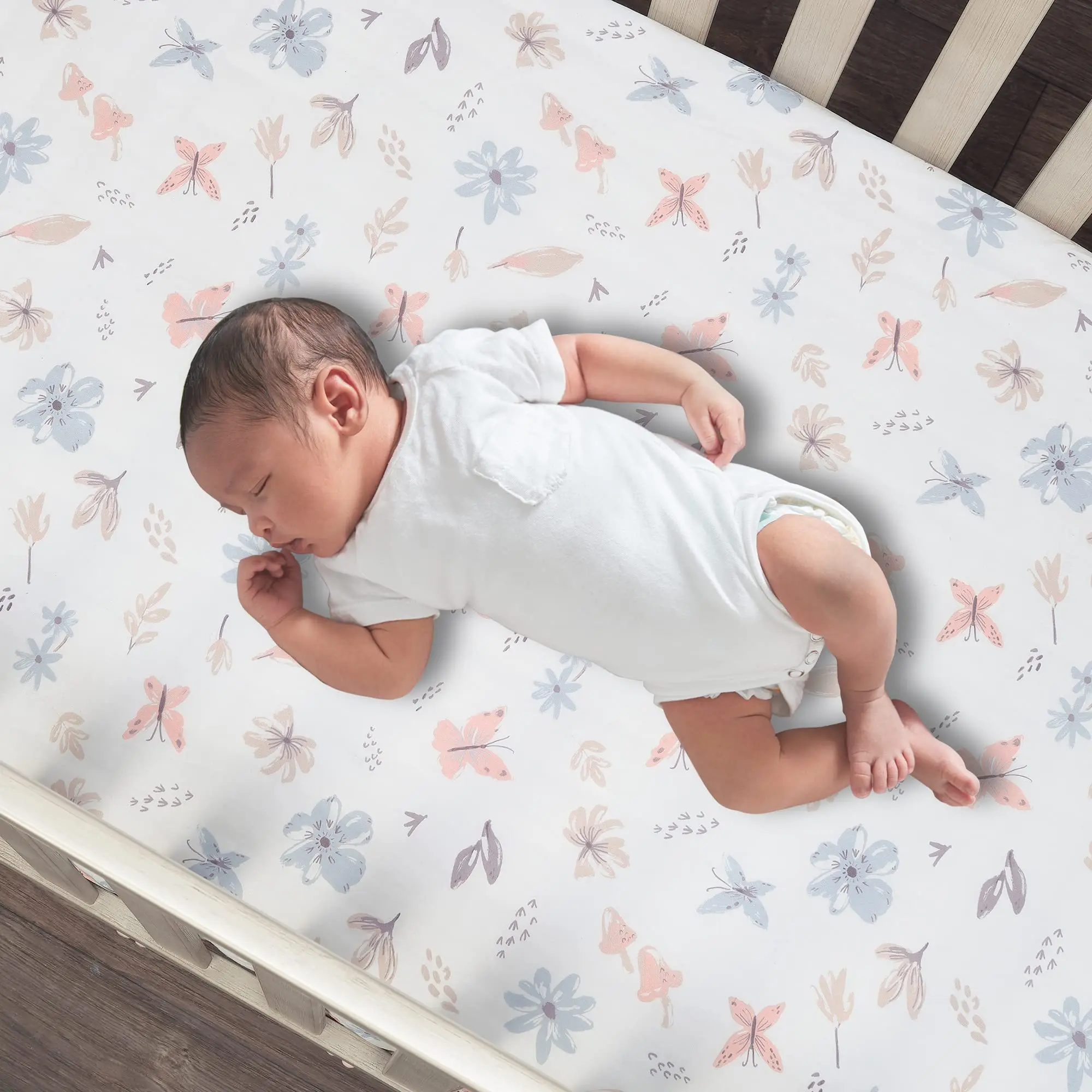 Juego de ropa de cama para cuna de bebé, Set de 3 piezas con flores rosas y mariposas