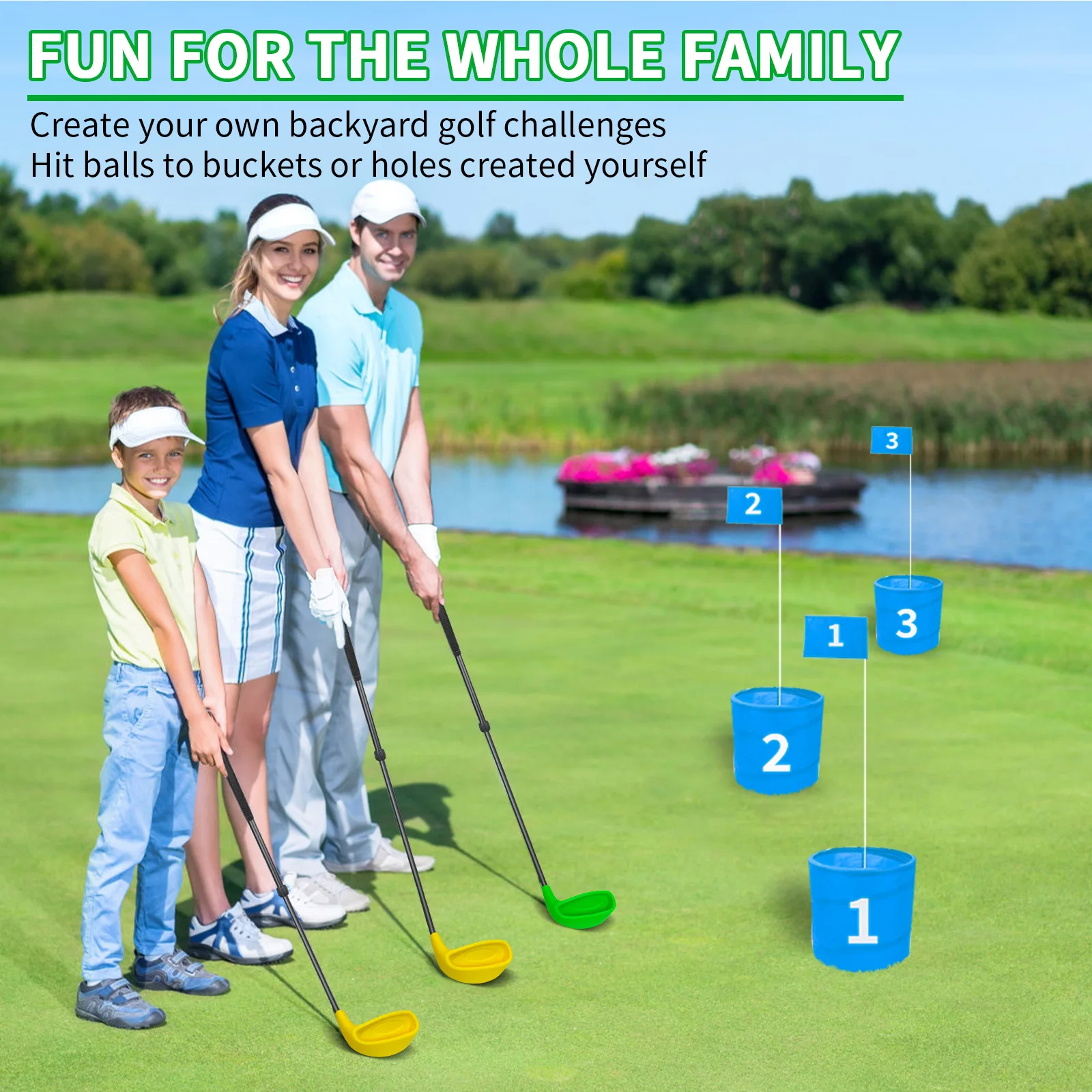 

Backyard Outdoor Golf Clubs with Oversized Club Heads Length Adjustable Made to Hit Plastic or Foam Balls Safe for Grass & Yards