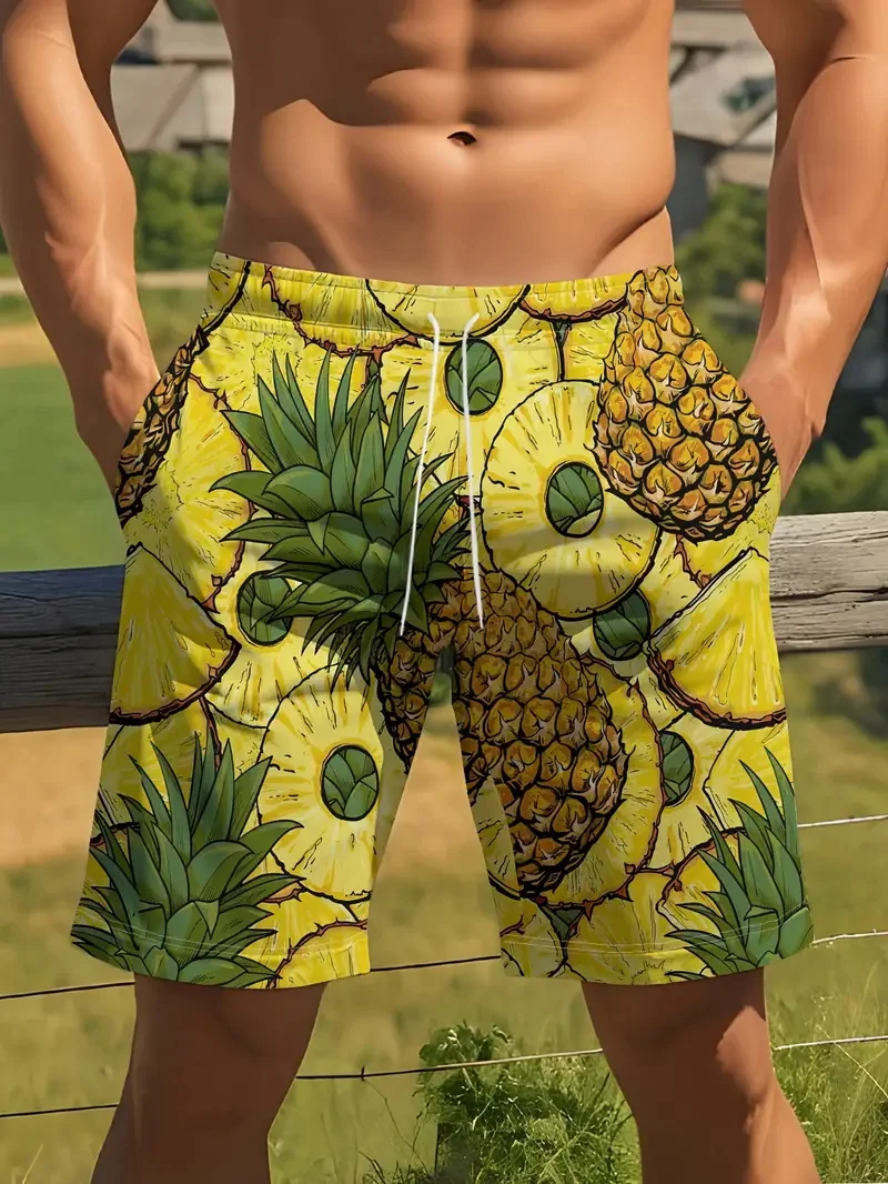 Men's Tropical Pineapple Graphic Print Beach Shorts Summer Casual Quick-Dry Surfing Diving Shorts Men's Hawaii Board Short