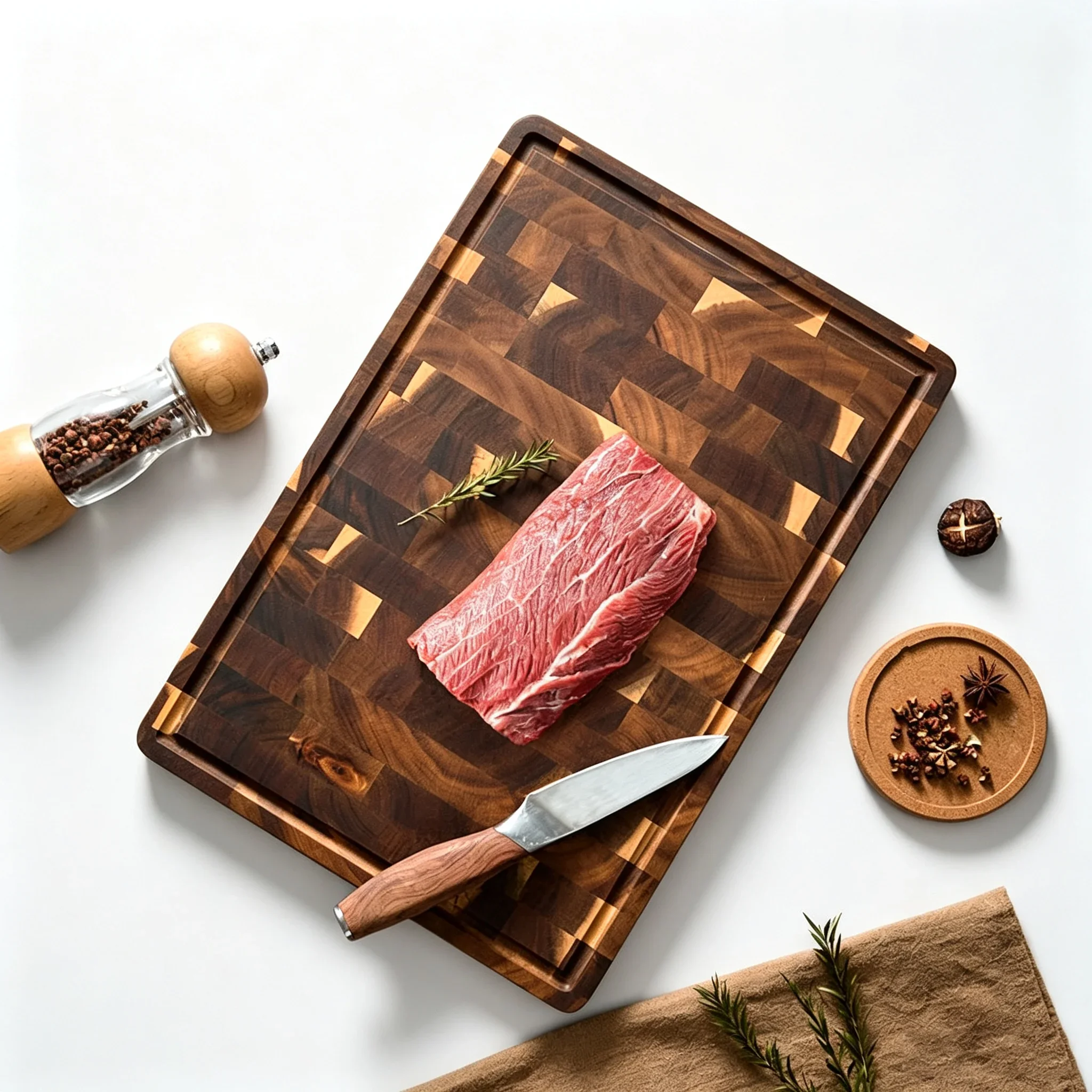 3cm Thick Acacia Wood Cutting Board with Hidden Handle, End Grain Butcher Block, Juice Groove, Natural Non-Toxic Chopping Board