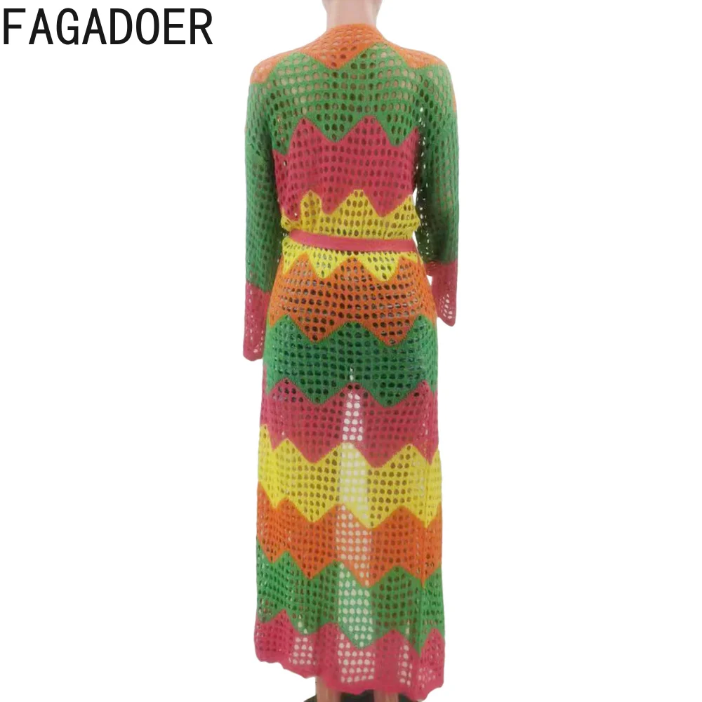 FAGADOER Hollow Knit Summer Cardigans Boho Style Beach Cover Ups with Belt Women Crochet Open Stitch Full Sleeve Long Robe Tunic