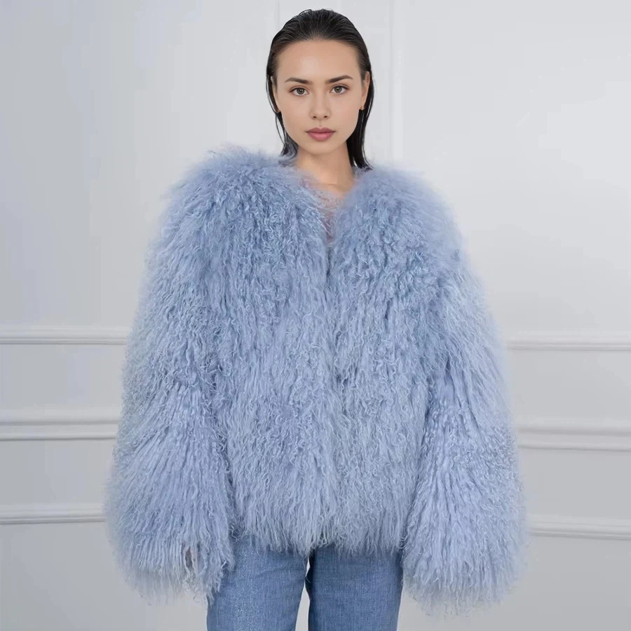 Real Sheep Skin Coat Lamb Fur Coat Women\'s Winter Jackets Light Green Collarless Mongolian Fur Coat High Quality Real Fur Jacket