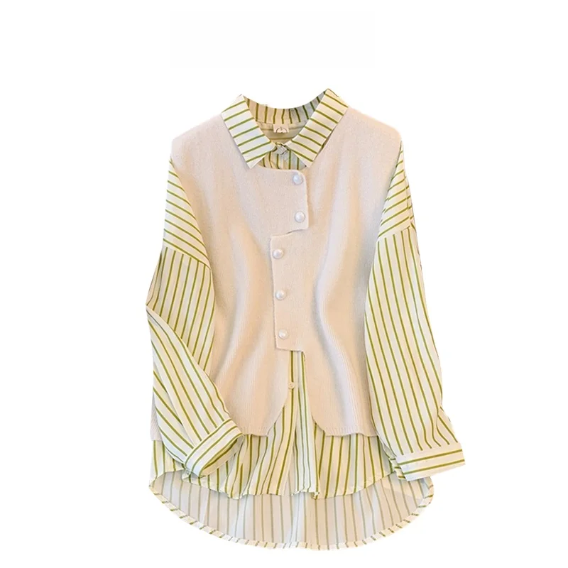 

Вязаный комплект из топа и жилета Ele: Модный женский костюм-двойка для весны, большие размеры, в стиле «Нежный ветер»