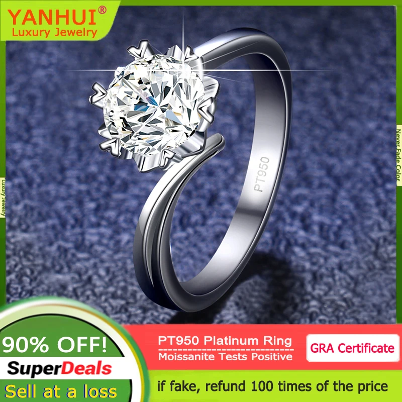 

YANHUI Pure PT950 Platinum Rings Heart Claws 1 CT D Color Moissanite Diamonds Rings for Women With Credentials Wedding Jewelry