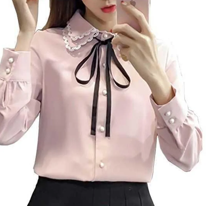 Fashion Solid Color Butterfly Knot Single-breasted Blouse Women New Long Sleeve Classic Double-layer Korean Chiffon Shirt 2022