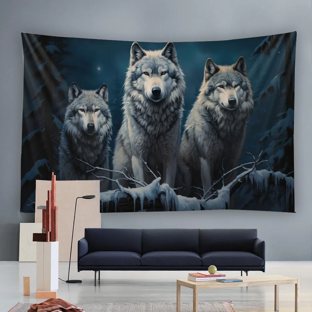 Wolf's Creative Tapestry Full Moon Night Snow Scene Wall Hanging Home Textiles Bohemian Style Room Decoration Background Tapiz