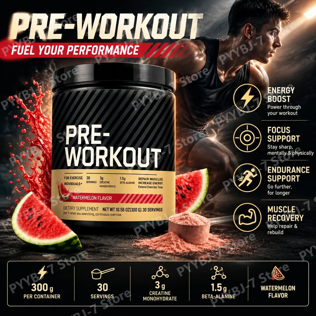 Pre Workout Powder Enhance Energy Endurance Creatine Beta Alanine L Citrulline Tyrosine Caffeine Focus Support 300g 30 Servings