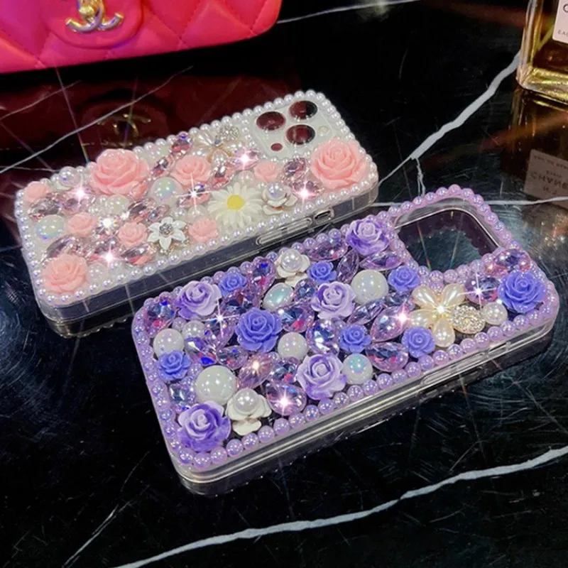 3D Floral Daisy Pearl Bling Rose Diamond Chain Phone Case For Samsung S23 S22 S21 S20 FE Ultra Plus + Note 10 20 Pro A 52 72 53