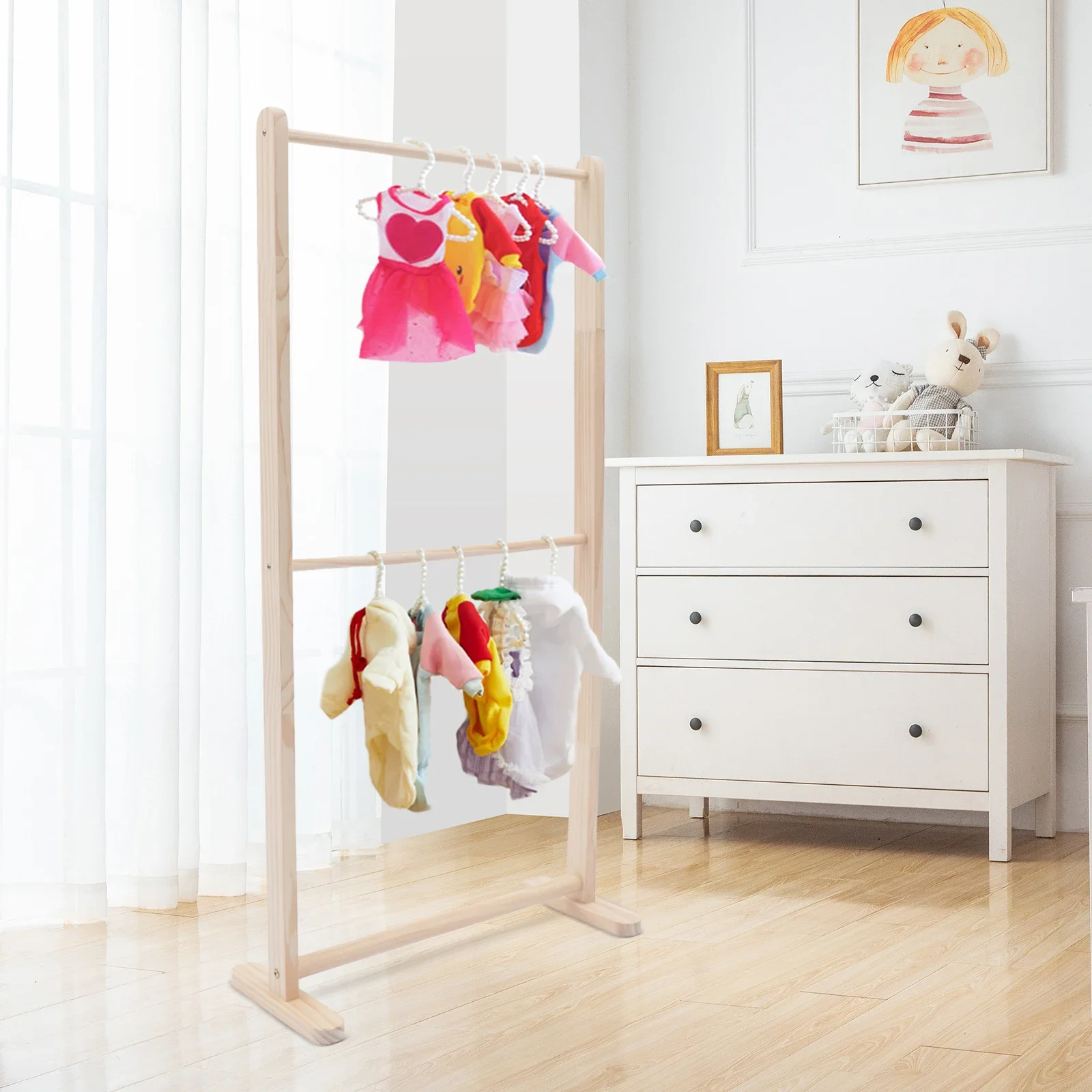 

2-Layer Pine Wood Clothing Stand for Kids & Pets Clothes, Detachable, for Children's Rooms & Pet Stores, Display & Storage