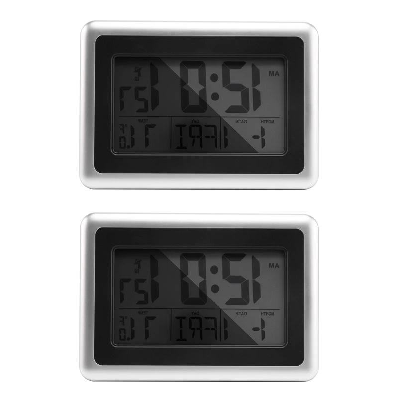 2X Digital Wall Clock, Large Lcd Display, Battery Operated, Indoor Temperature, Without Back Light (Silver)