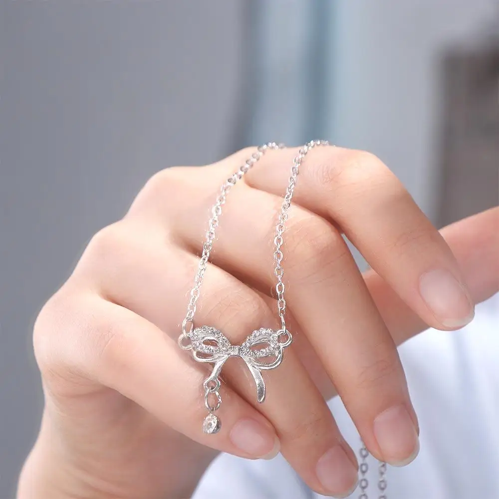 سلسلة الترقوة الفضة Bowknot قلادة الحب القلب قلادة مجوهرات اكسسوارات القوس قلادة قلادة حجر الراين المختنق #4