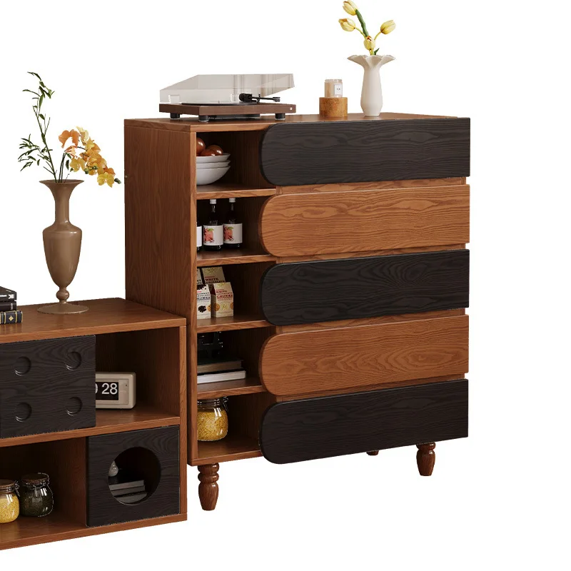 

French retro solid wood chest of drawers integrated storage against the wall, antique living room side cabinet, ash wood drawer