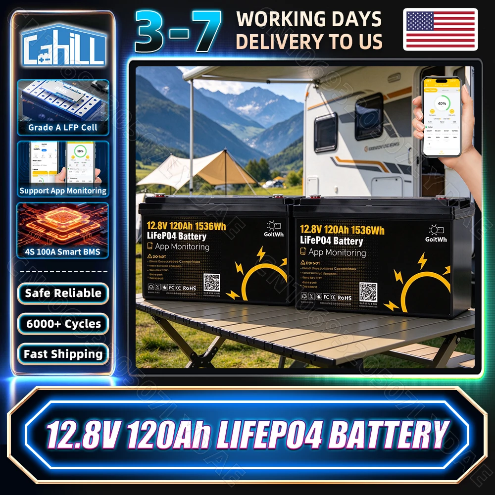 2pcs APP Control 12V 120Ah LiFePO4 Battery Pack Built-in BMS 12.8V LFP Rechargeable Cell DIY 24V 120Ah 12V 240Ah 48V For RV Solar Home Energy Storage Camping Golf Cart Backup Power