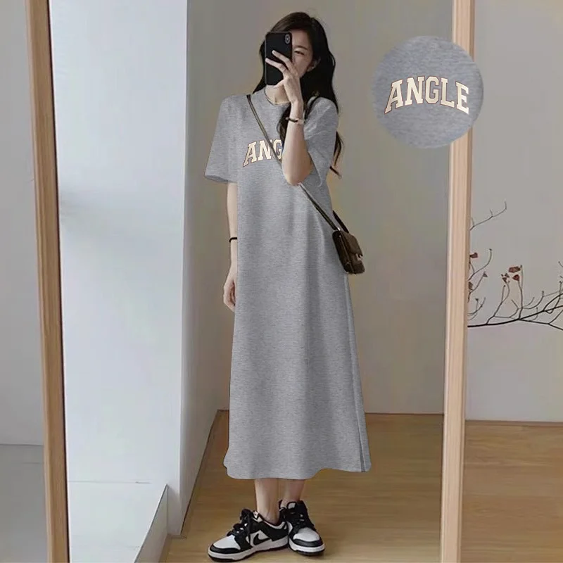 

ANGLE Letter Print Women T Shirt Dress Black Casual Loose Short Sleeve Maxi Dress Plus Size Available