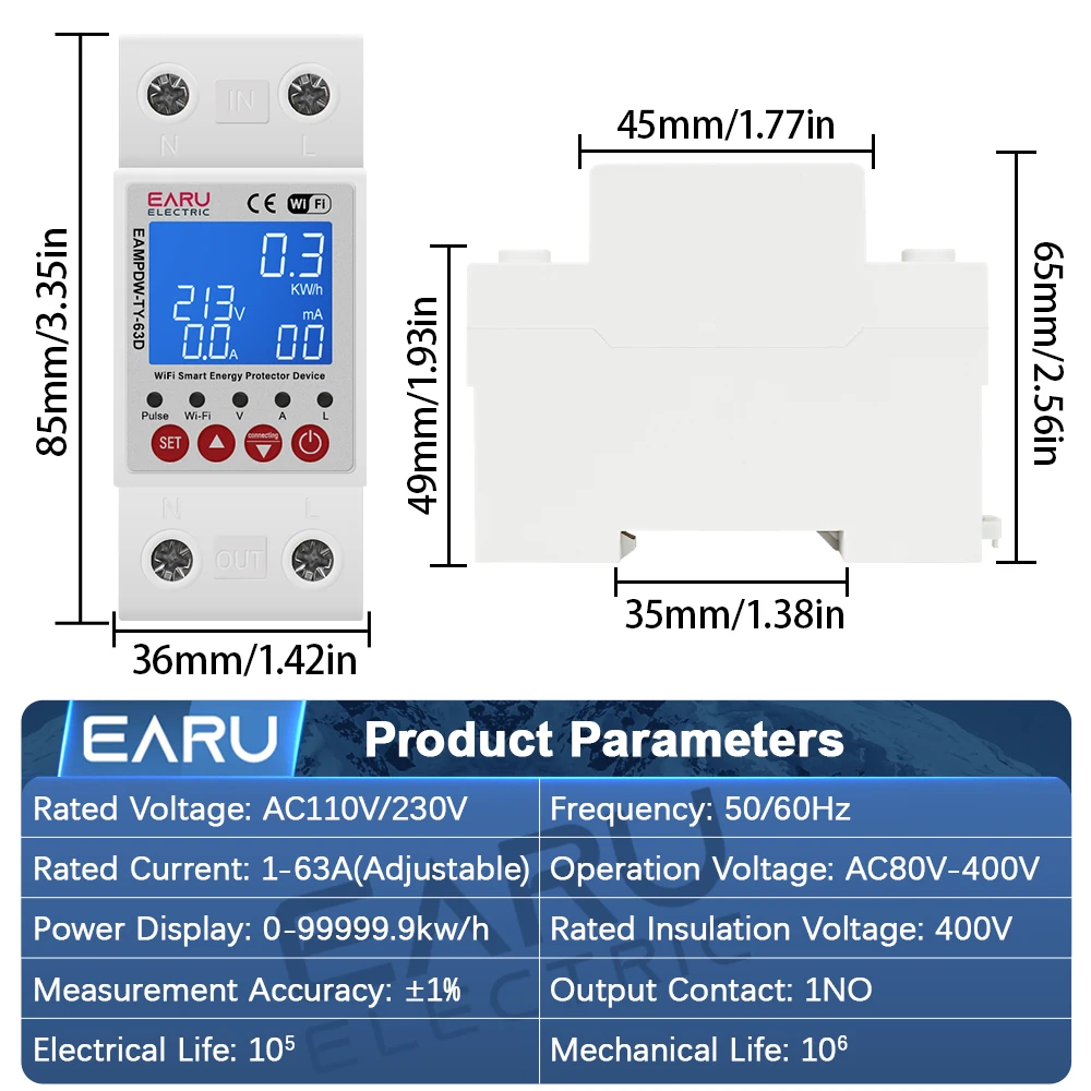 EARU Tuya WiFi Smart Enery Power kWh Meter Under Over Voltage Current Earth Leakage Time Period Protector Relay Switch Breaker