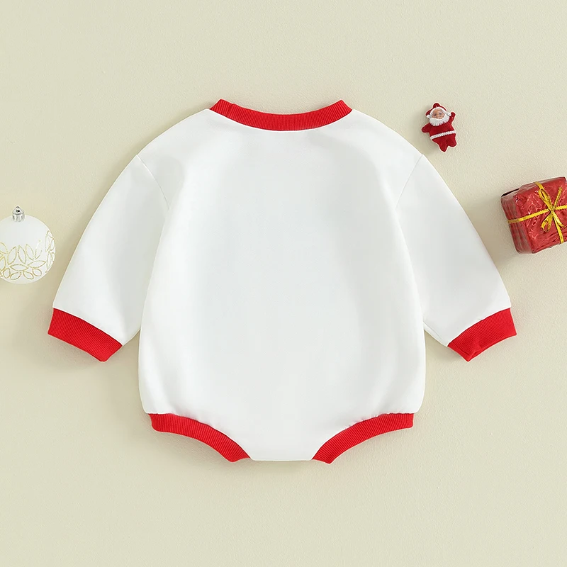 Baby Christmas Romper Long Sleeve Crew Neck Contrast Color Letters Elf Hand Print Fall Bodysuit Clothes for Girls Boys