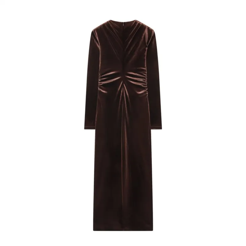 Robe mi-longue en velours pour femmes, nouvelle mode printemps-automne, col en V pliable, manches longues, élégante, Slim, Chic, robe de soirée, 2026