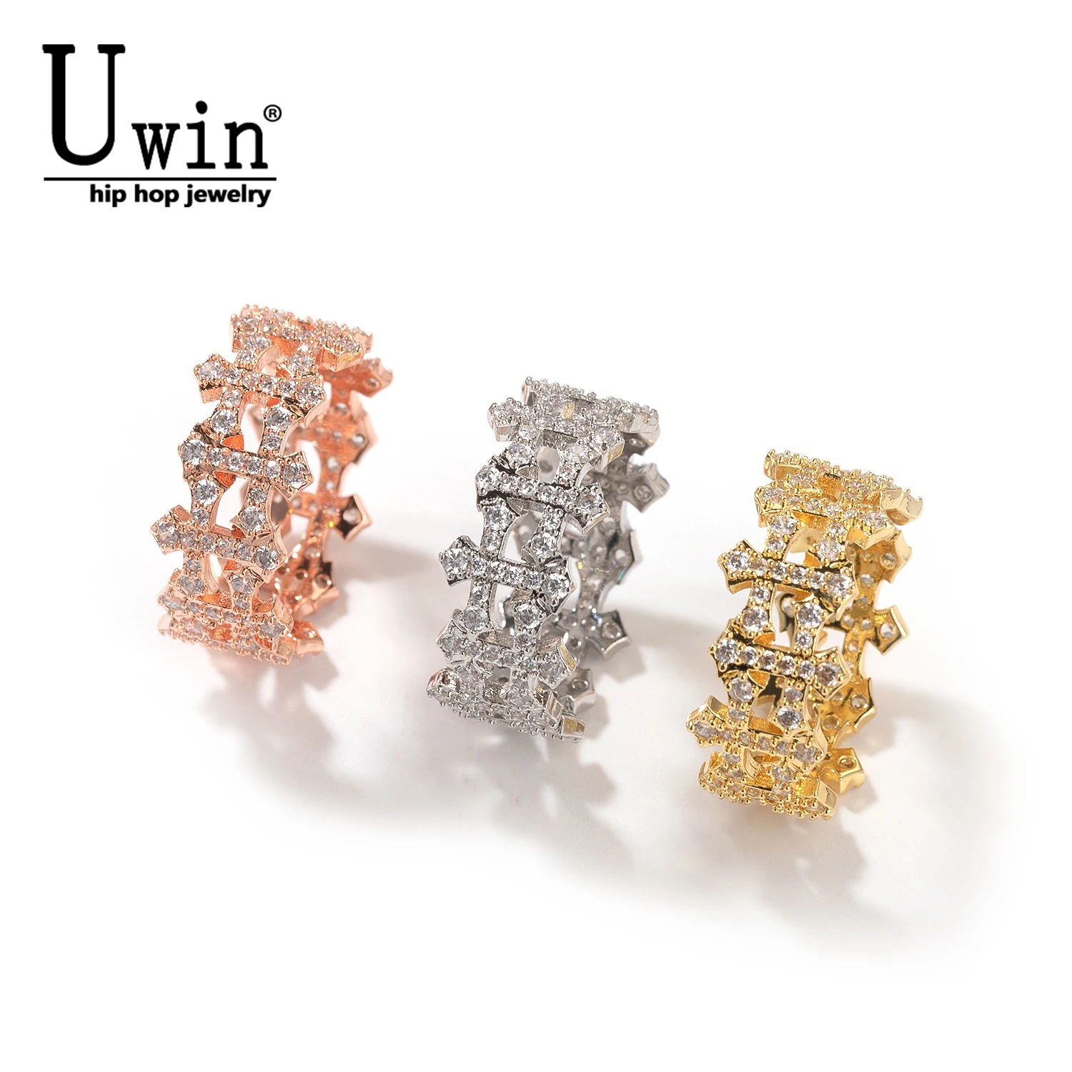 Uwin-Anillo cruzado pequeño con circonita cúbica helada, anillo de dedo cruzado al revés, joyería de hip hop para hombres y mujeres