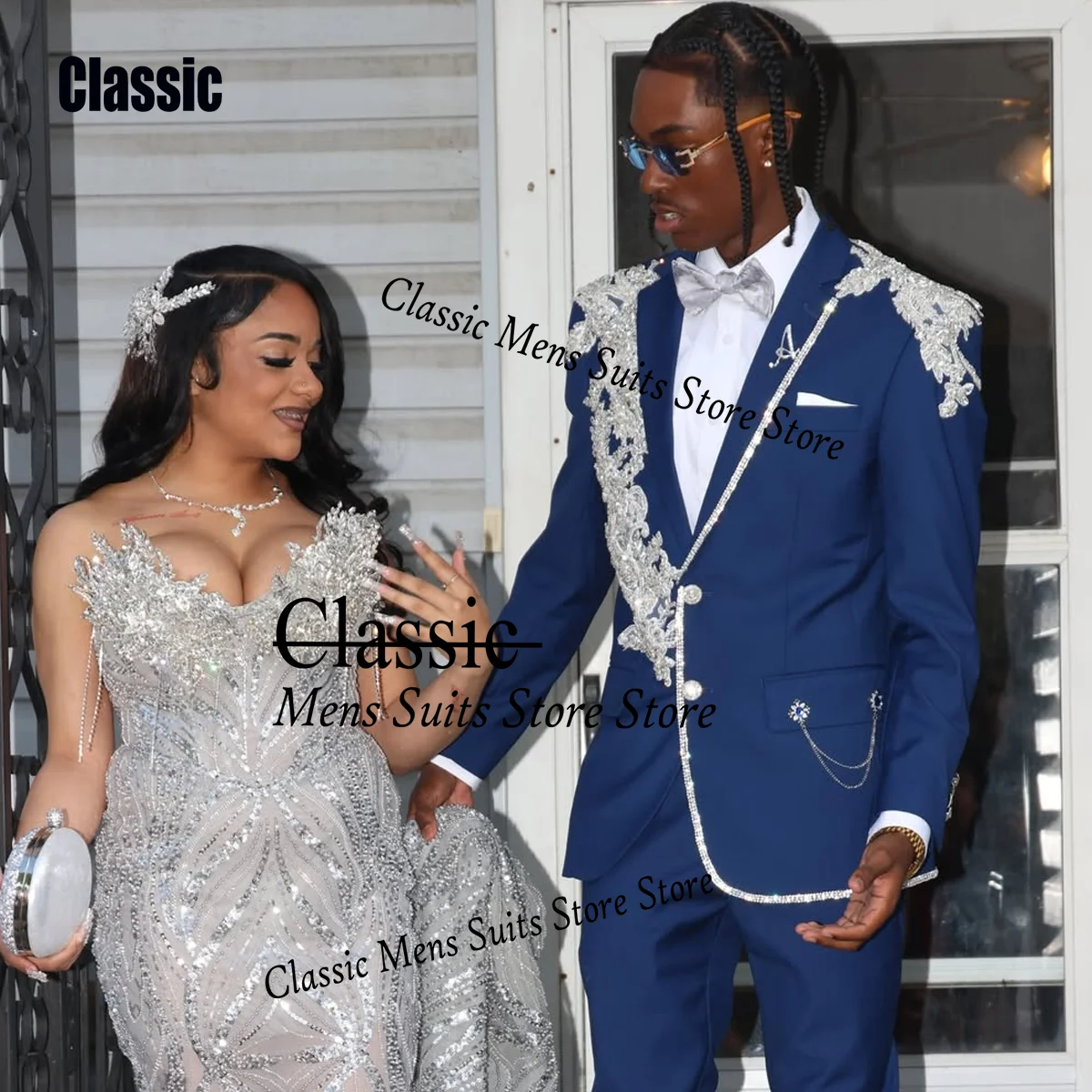 Customized Sparkly Embroidery Jewelry Men Suit Luxury Diamond Wedding Tuxedos Slim Elegant hombre 2 Pieces Set Groom Male Blazer