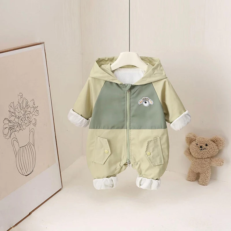 IYEAL Baby Sheep Horn Hooded Romper, Color Block Zipper Long Sleeve Jumpsuit, Cute Cartoon Patch Infant One Piece Outfit