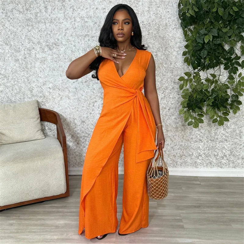 Doyerl Solid One Piece Outfits Woman Jumpsuits and Rompers Elegant V-neck Sleeveless Irregular Lace-up Vintage Wide Leg Overalls