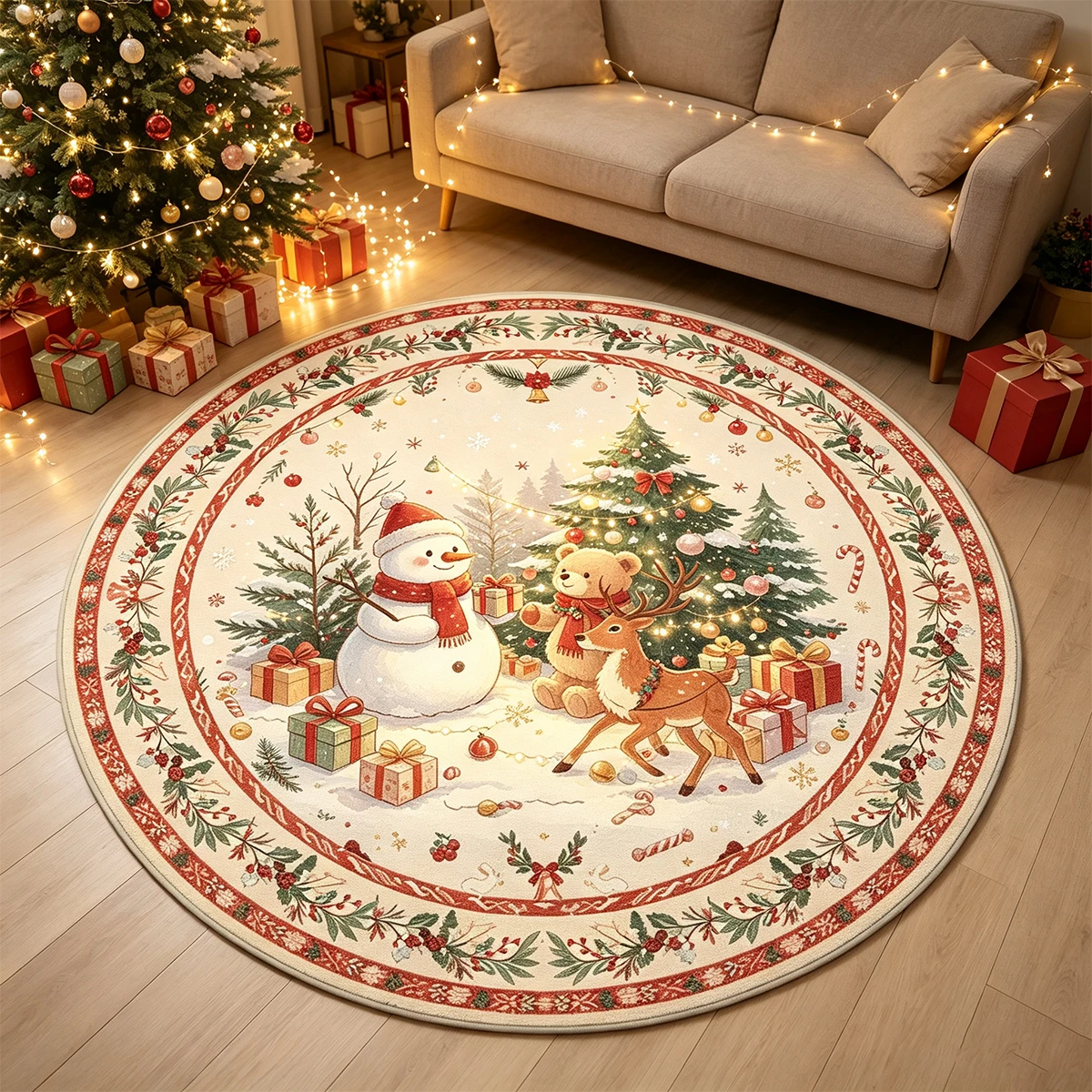 Christmas Round Rug Non-slip Floor Mat Soft Comfortable Machine Washable Carpet Red Swirl Candy Home Decor Rugs Christmas Gift