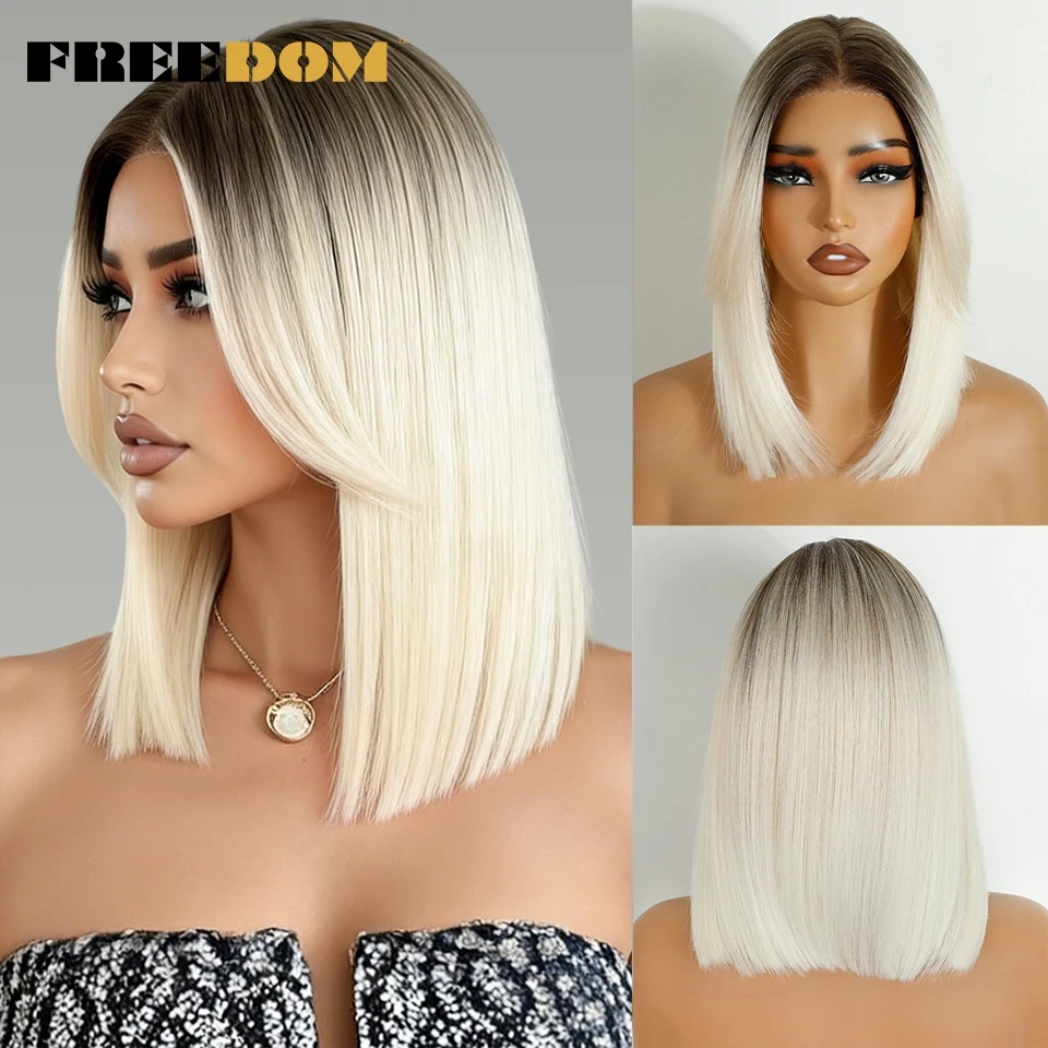 FREEDOM Synthetic Lace Wig With Bangs12 Inch Short Bob Pre-Cut Pre Plucked Lace Wigs For Women Ombre Brown Blonde White Wigs