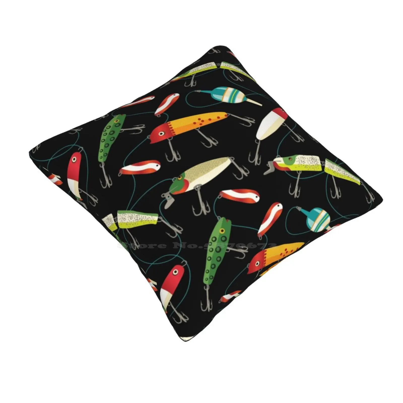 Plenty Of Fishing Lures Throw Cushion Pillow Cover Fishing Lures Hooks Lines Sinkers Vintage Style Retro