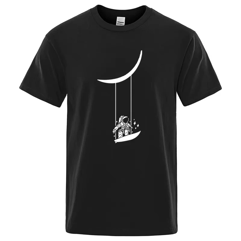 Astronaut Swing On Crescent Moon Graphic T‑Shirt Men Women Space Galaxy Print Short Sleeve Casual Creative Crew Neck Tee