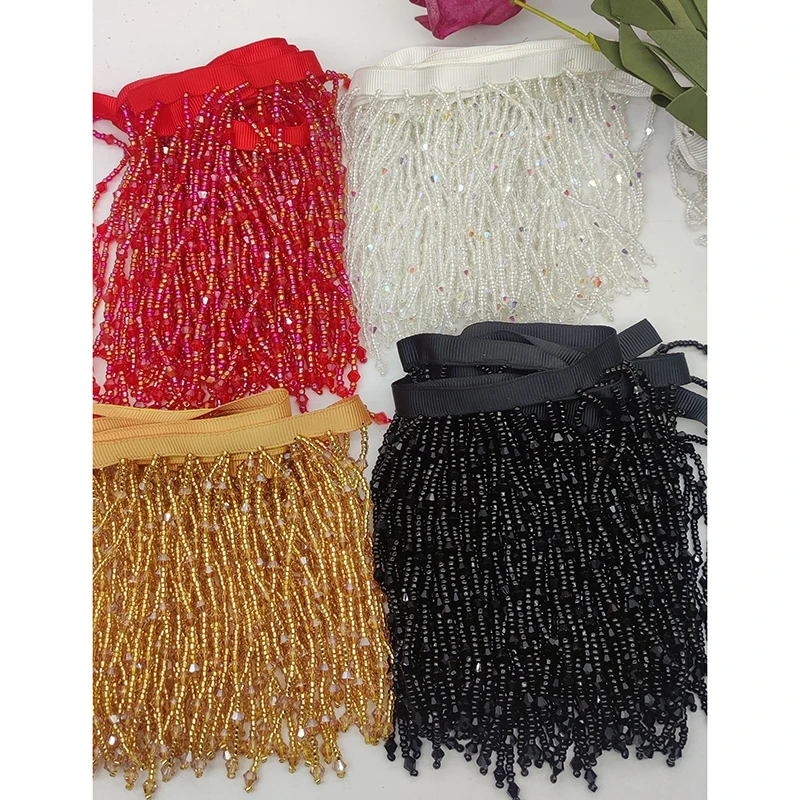 10cm Wide Seed Beads and Crystal Beads Beaded Fringe, Gold, Black, Iris Clear, Red Crystal Bead Fringe, by 1 yard