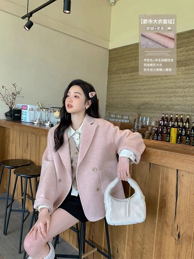 

New Autumn Winter High-end Stylish Loose Versatile Casual Petite Woolen Suit Jacket Women's Wool Overcoat High Quality Fashion