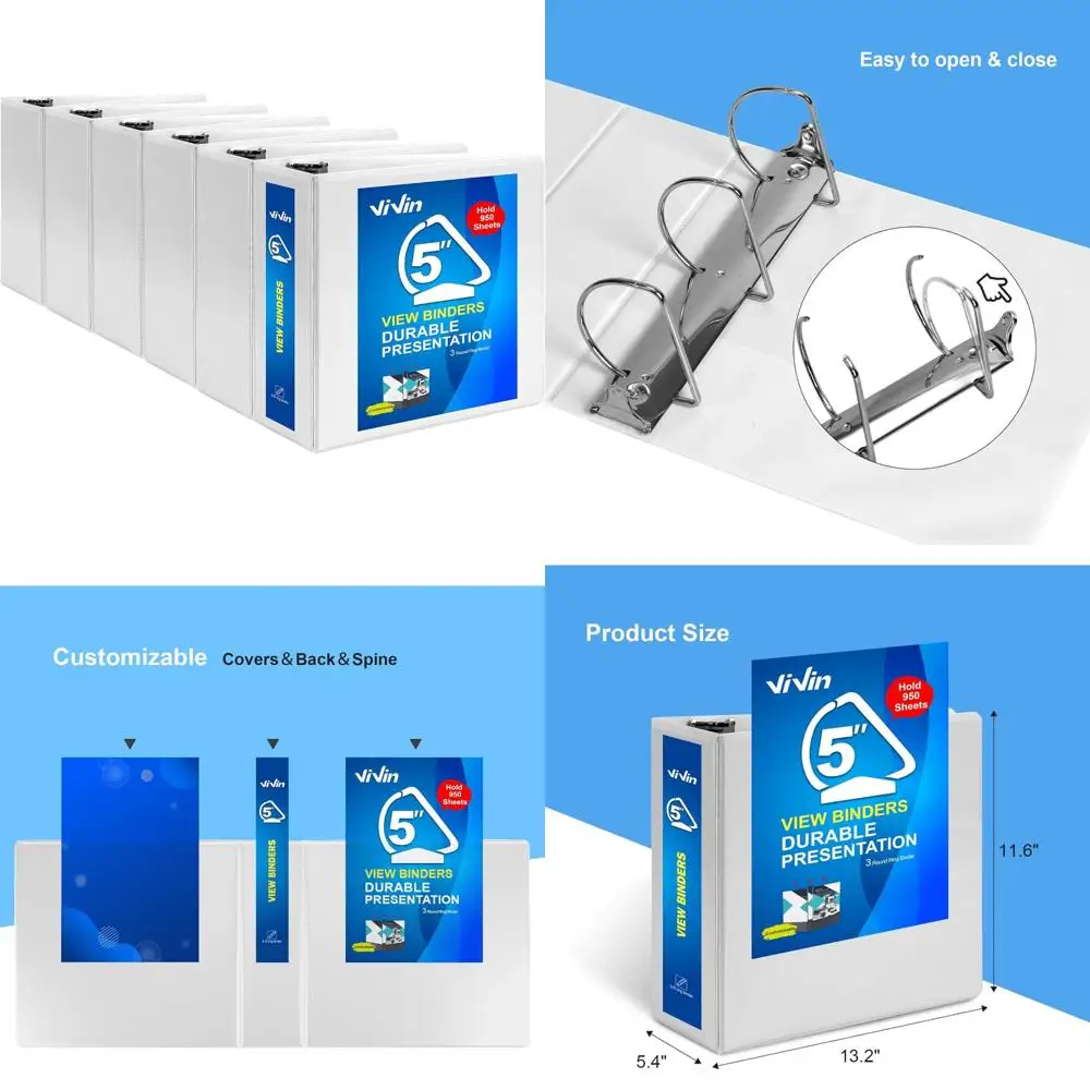 Durable 5 Inch D-Ring Binder, Large Capacity 950-Sheets, Fits 8.5 x 11 Paper, 6-Pack White, Slant-D Ring for Long-Lasting Use