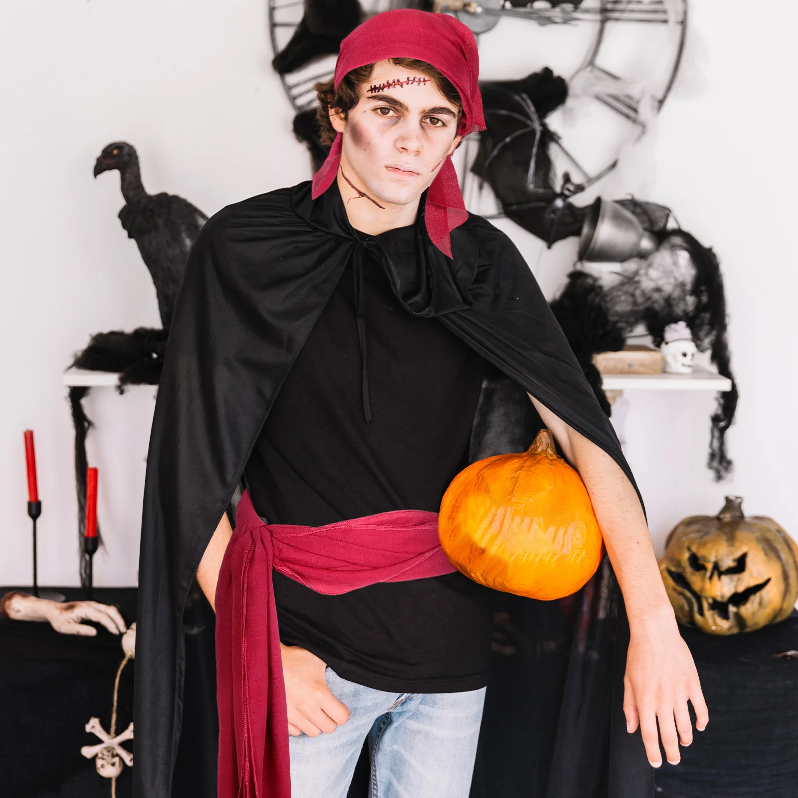 1 set di accessori per costumi da pirata, bandana rosso scuro, cintura in vita, festa di Halloween, cosplay, tessuto medievale confortevole regolabile