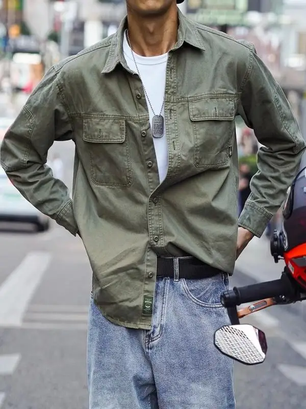 

Loose Fit Long Sleeve Men's Casual Shirt Heavy Washed Outdoor Wear Spring Autumn Youth Style Breathable Comfortable Cotton