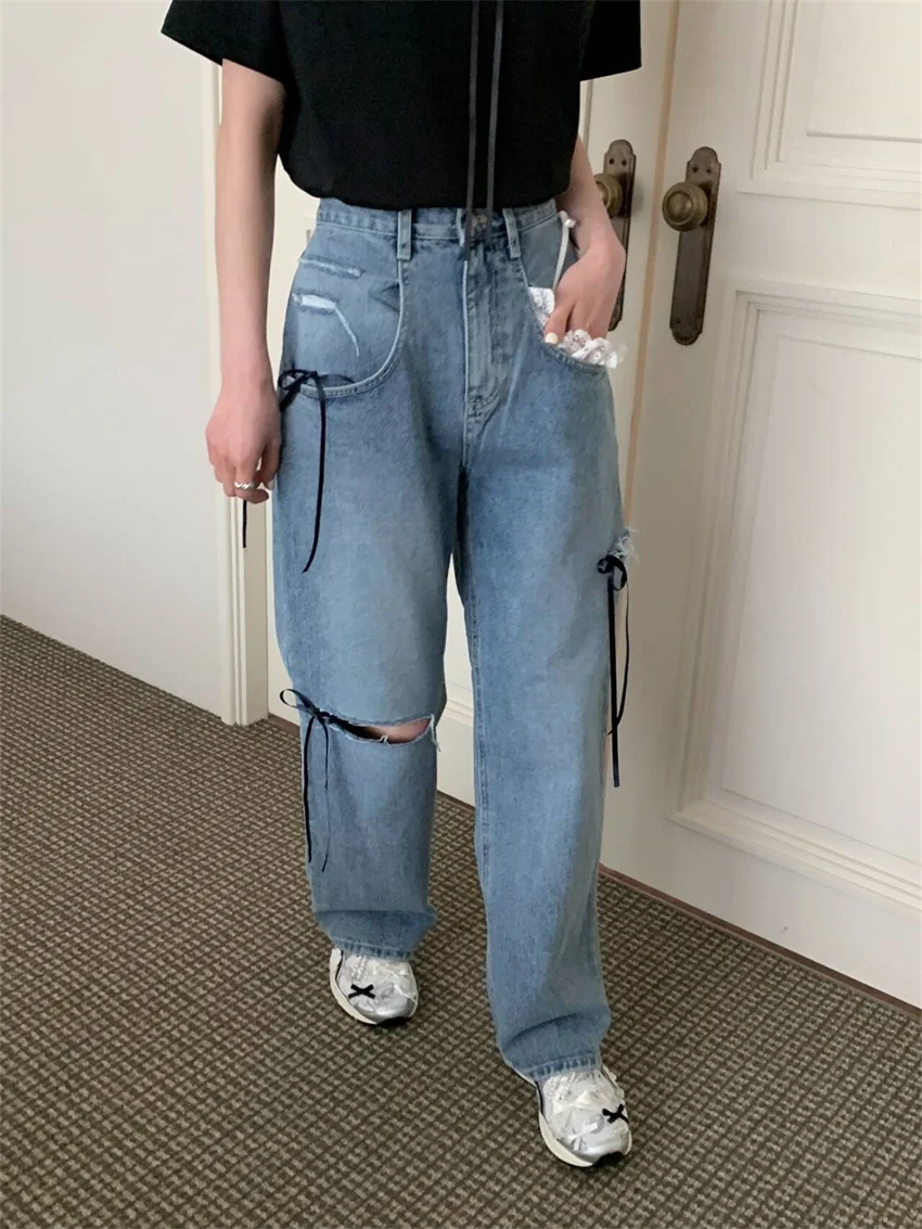 Alien Kitty Hole Straight Jeans Women Bow Pants Summer High Waist 2024 Loose Casual Denim All Match New Chic Office Lady