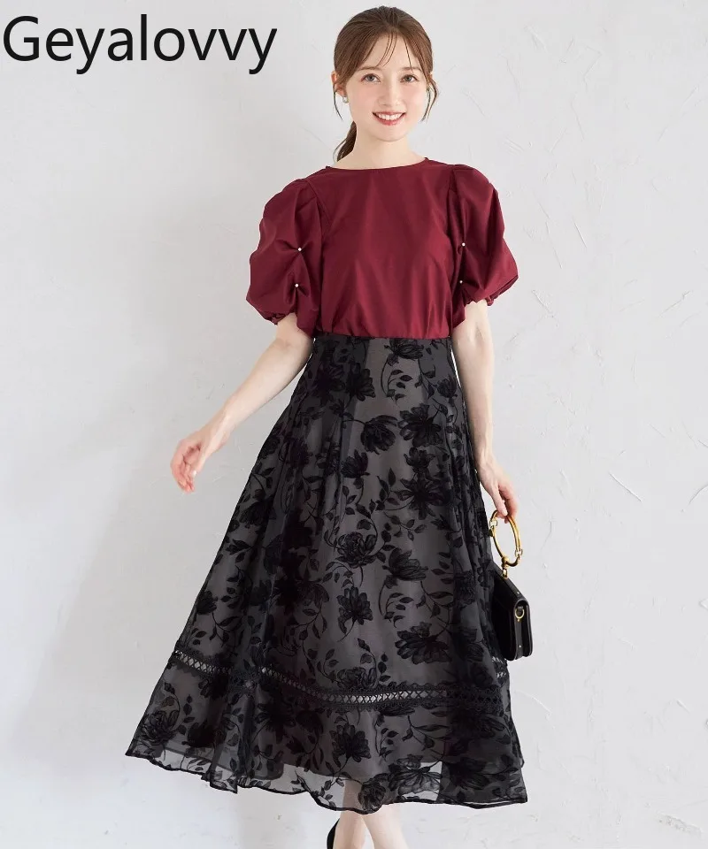 

Japanese Style Niche Spring and Autumn New Back Tie High Waist Long Skirt Sweet Girls Versatile Floral Pleated Flared Skirts