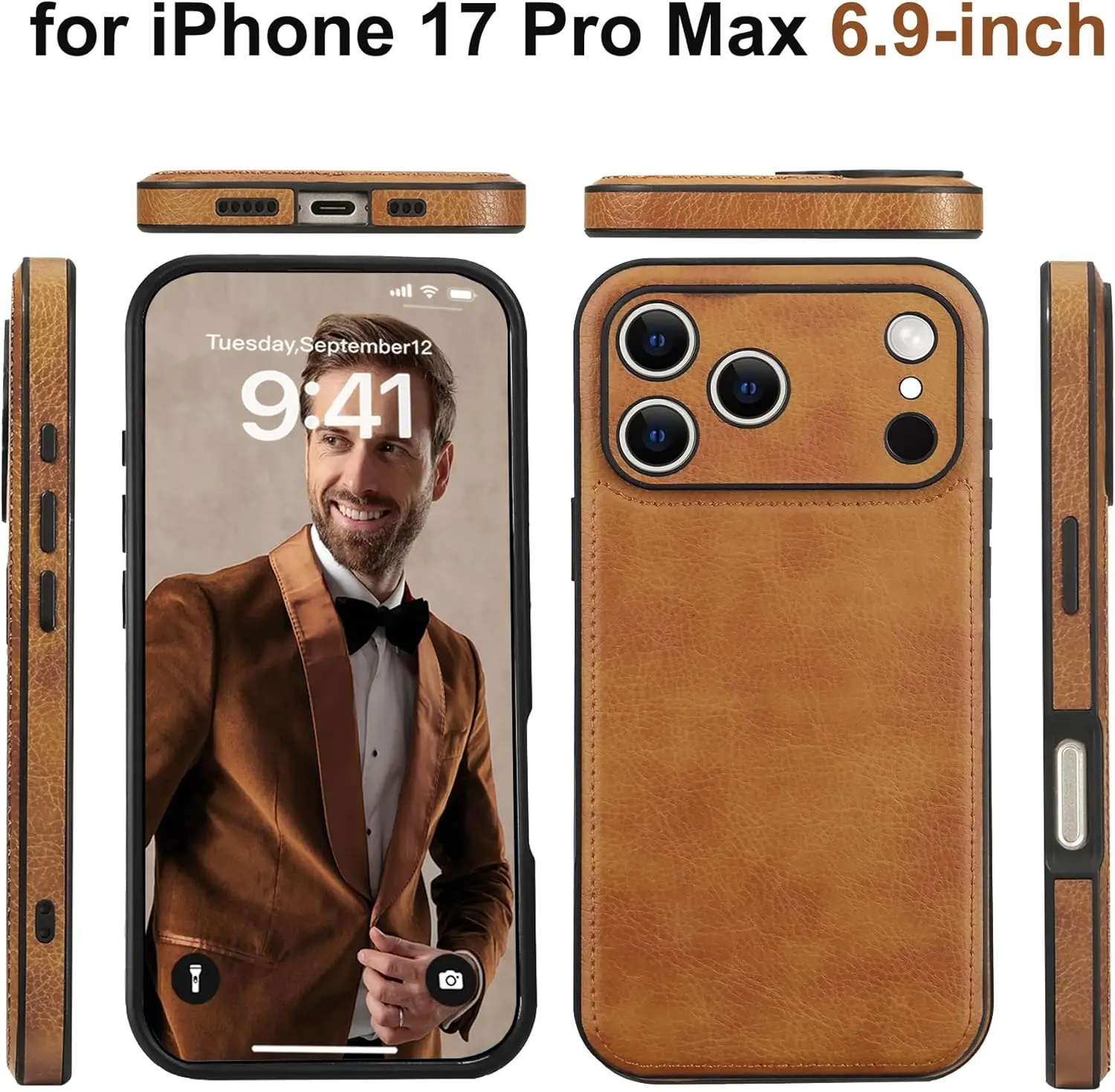 für iPhone 17 Pro Max Hülle Leder, Vintage klassisches PU-Leder Luxus Business Kamera Rahmen Schutzhülle, weiche stoßfeste Hülle