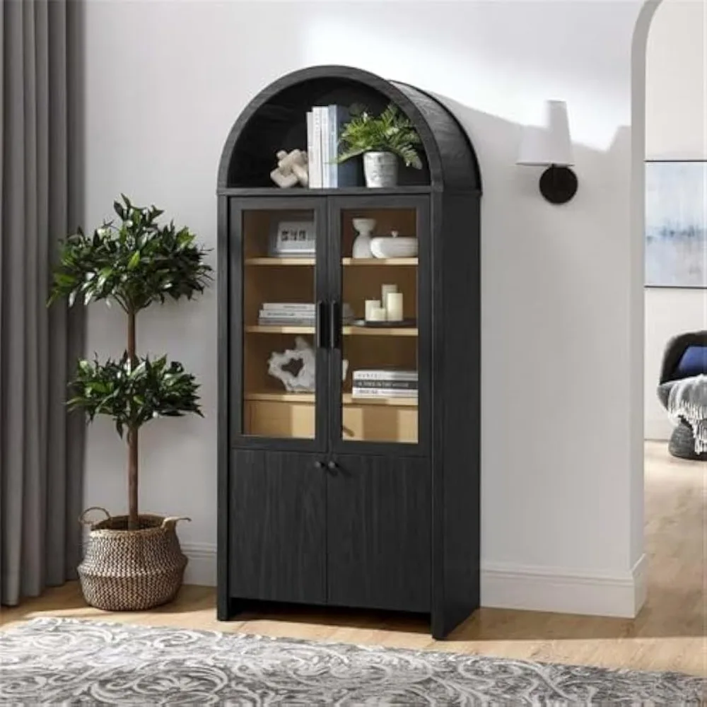 Evie Arched Display Cabinet in Black Oak - Modern Tall Storage Cabinet with Shelves - Sophisticated Glass Door Bookcase -