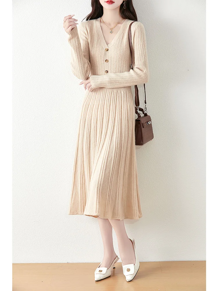 

Women's Wool Dress V-neck Pullover Autumn Winter 100% Merino Wool Knitwear Cozy Slim Flare A-Line Pleated Skirt Cashmere Sweater