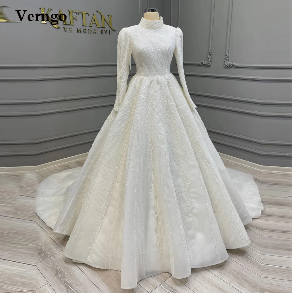 Verngo Glitter A Line Arabia Saudita Dubai vestidos de novia modesto cuello alto mangas largas encaje lentejuelas brillantes 2022 vestidos de novia