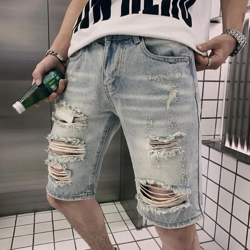 2000 Y2k Clothes Summer Korean Trend Casual Five-point Pants Brand 2025 Straight Beggar Pants Ripped Denim Shorts Mens Clothing