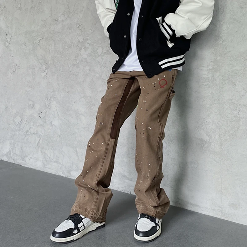 Hip Hop Jeans Graffiti Cargo Trousers Men Patchwork Cargo Flared Pants Khaki Black Splash Ink Cargo Straight Leg Men Jeans Khaki