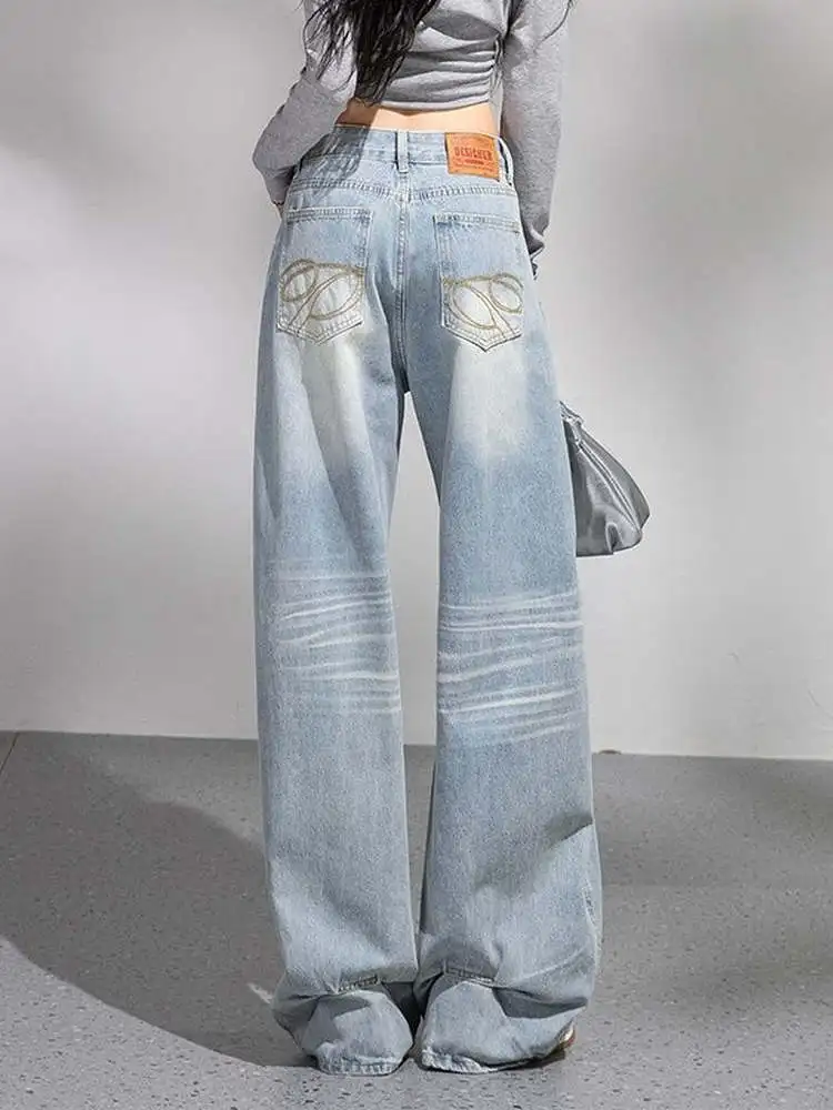 Calças Jeans de Cintura Alta Assimétrica com Pernas Largas para Mulheres, Ajuste Solto, Estilo Casual, Denim Azul Bordado com Detalhes em Lâmina